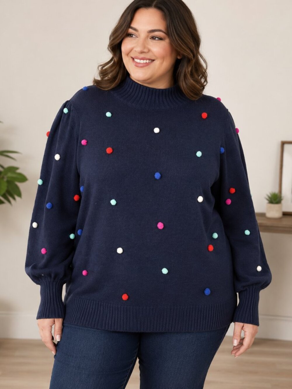 Crown & Ivy 1X Navy Turtleneck Sweater Multicolor Pom Pom Knit Long Puff Sleeve